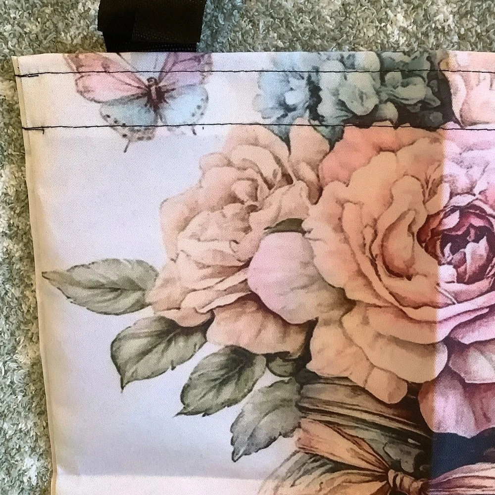 Floral Bouquet Mason Jar Butterflies Shabby Chic Polycanvas Tote Bag NWT 14x16 - Picture 2 of 13